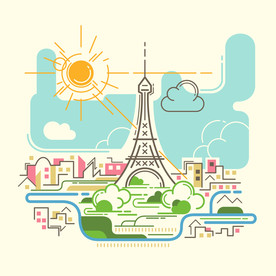 巴黎城市卡通简笔彩色画矢量图