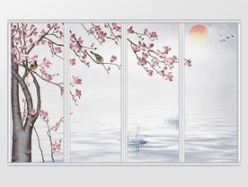 中式素雅水墨背景花鸟移门