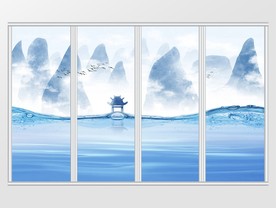 中式蓝色清新意境山水移门