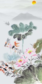 水墨荷花山水中式玄关