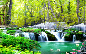 流水生财森林瀑布风景背景墙装饰