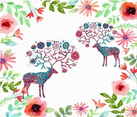 手绘麋鹿森林 麋鹿飞鸟 森林麋