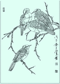 幽林寒雀线描 幽林寒雀白描