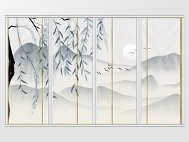 手绘淡雅水墨清新山水移门