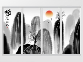 中式抽象水墨山水画移门