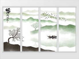 中式古典禅意水墨山水画移门