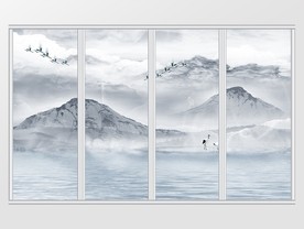 新中式花鸟禅意水墨山水移门