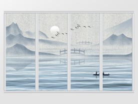 中式清新淡雅水墨意境山水移门