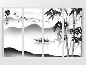 新中式禅意山水画墨竹移门