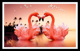 火烈鸟心心相印湖水倒影装饰画