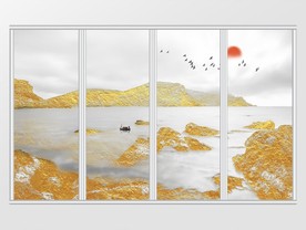 高清金箔大理石纹山水花日出移门