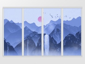 新中式抽象水墨山水瀑布移门