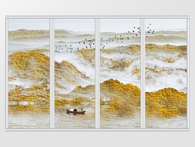 金色新中式抽象风景山水画移门
