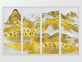 中式金色风景山水移门