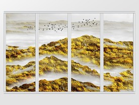 中式金色风景山水画移门