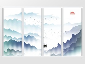 新中式彩色渔船山水移门