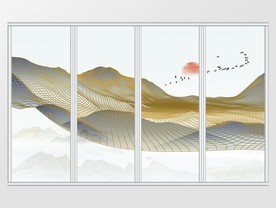 新中式抽象线条山川飞鸟移门