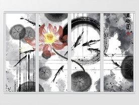 新中式九鱼图水墨荷花移门