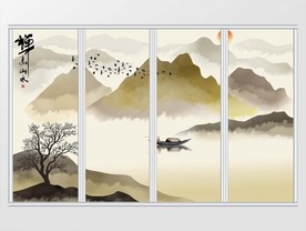 新中式水墨禅意山水背景移门