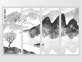 新中式意境水墨山水背景移门