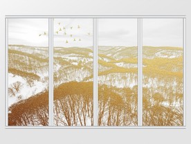 新中式金色山川飞鸟树林移门