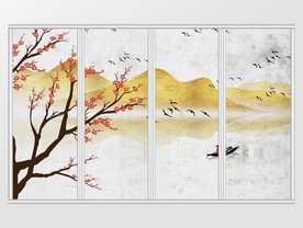 中式质感金色意境花卉山水移门