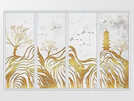 中式金箔金色质感意境山水移门