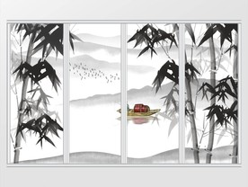 中式墨竹禅意山水画移门