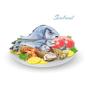 手绘海鲜拼盘插画设计AI矢量图