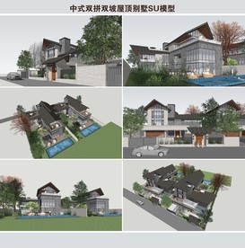 中式双拼双坡屋顶别墅