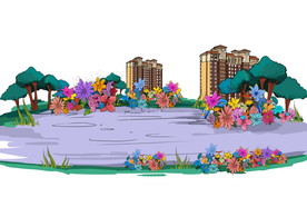 手绘地产湿地 推窗看湖插画