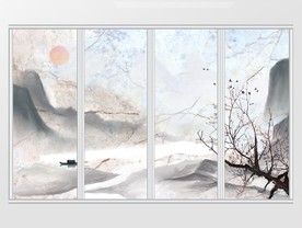 大理石纹理山峦小船移门