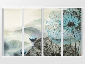 新中式水墨禅意远山睡莲移门