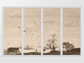 新中式水墨渔家小妹盼归图移门