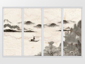 新中式水墨远山渔夫小船移门