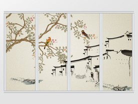 新中式写意手绘古镇村庄移门