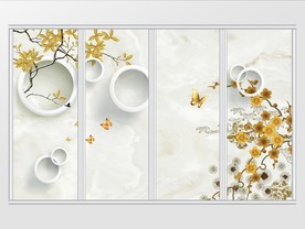 简约金色花卉鸟语移门