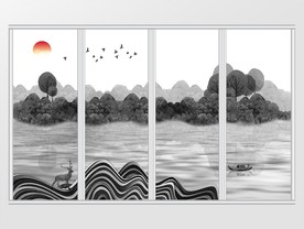新中式水墨山水画飞鸟移门