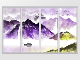 中式彩色水墨山水背景移门