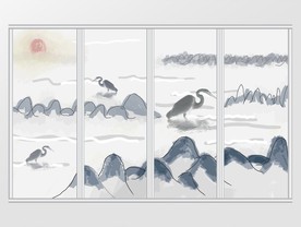 简约大气禅意山水白鹭移门