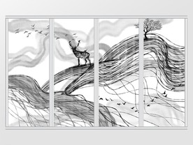 手绘简约水墨线条麋鹿移门