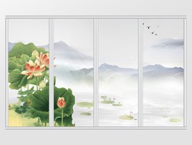 清新新中式水墨风景荷花移门