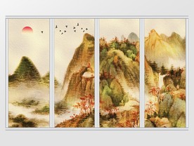 新中式金色山水飞鸟移门