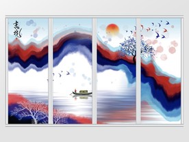 新中式手绘抽象山水画背景移门