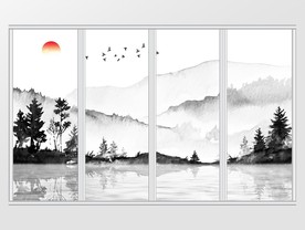 新中式水墨山水意境飞鸟移门