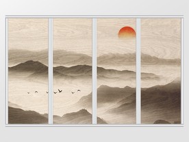 新中式水墨写意群山朝阳飞鸟移门