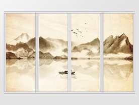 新中式水墨写意山水倒影小舟移门