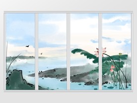 中式荷花水墨画移门