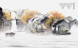 忆江南水乡水墨国画玄关屏风背景
