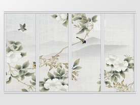 新中式工笔花鸟远山圆月移门